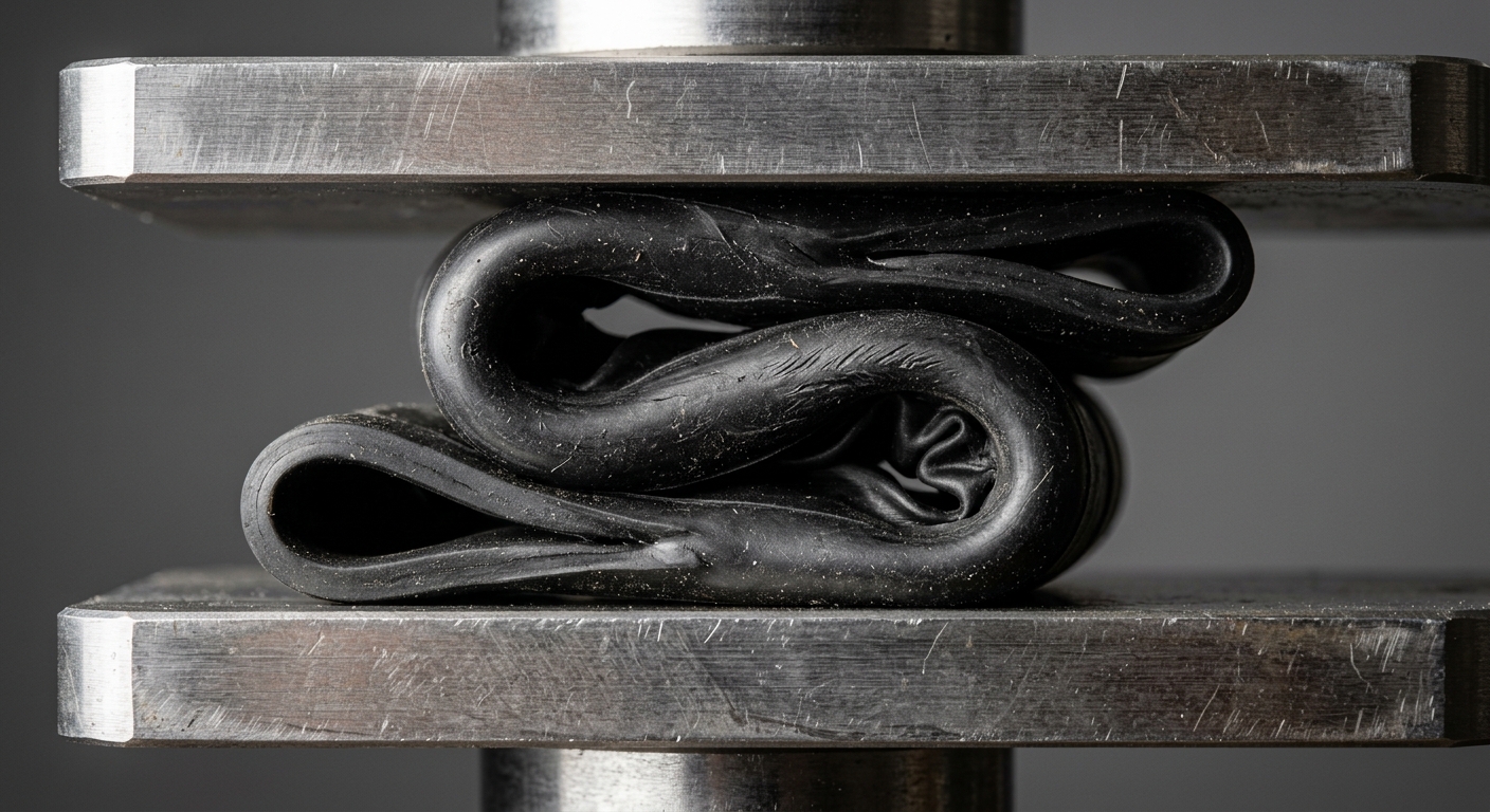 Hollow rubber bulb seal compressed between metal plates showing gap sealing