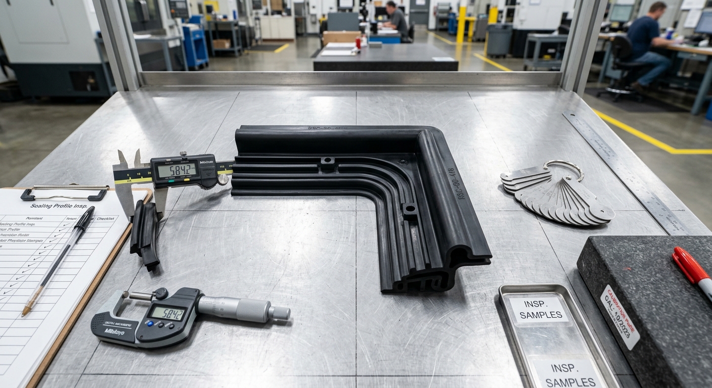Custom molded rubber sealing strip corner piece on inspection table