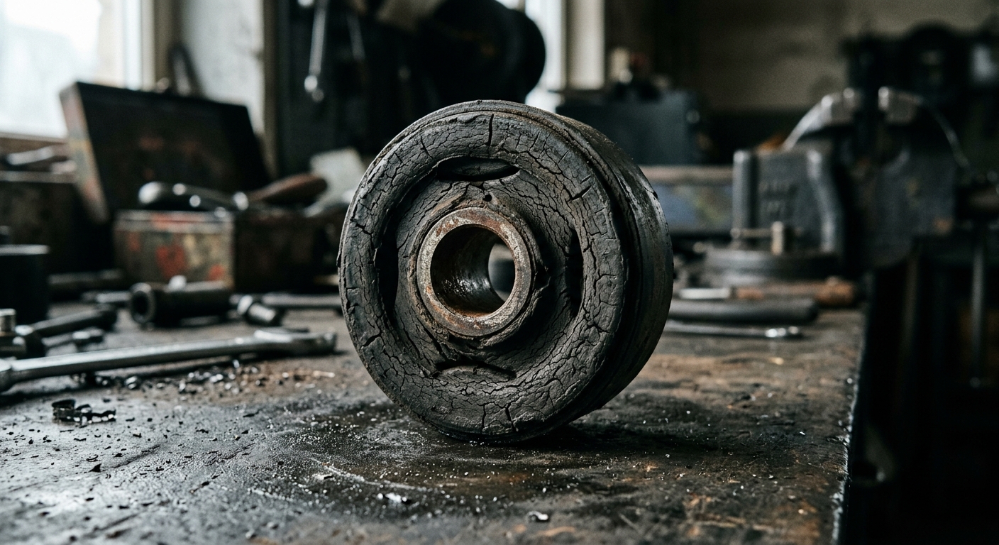 Close-up of cracked and degraded rubber bushing surface texture