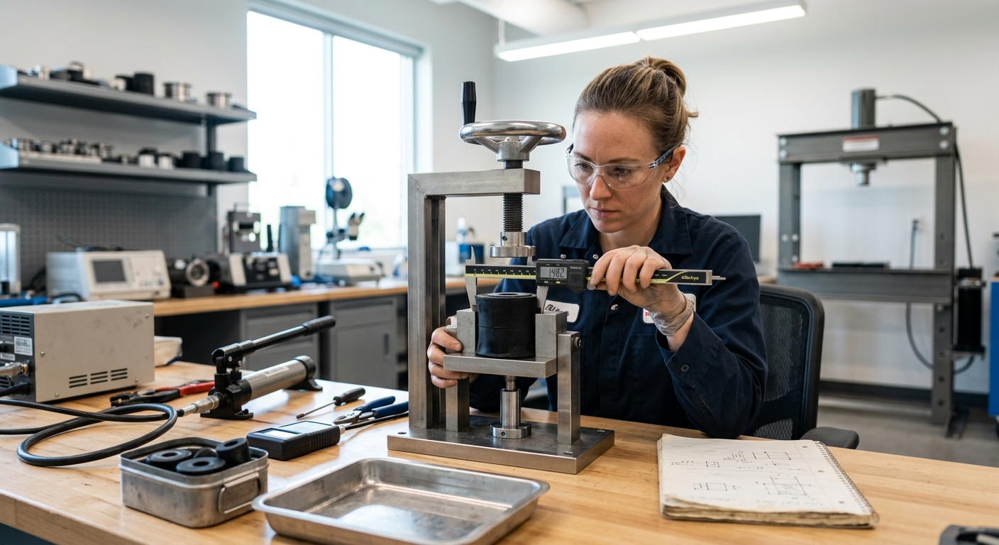 Engineer measuring rubber bushing deflection with precision calipers
