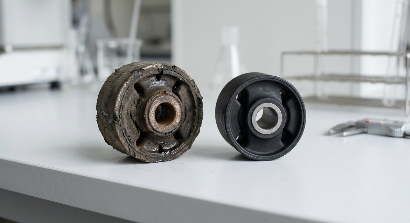 Swollen rubber bushing sample compared to unused bushing showing chemical degradation