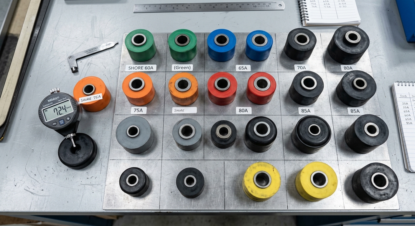 Rubber bushing samples of different hardness levels arranged for testing