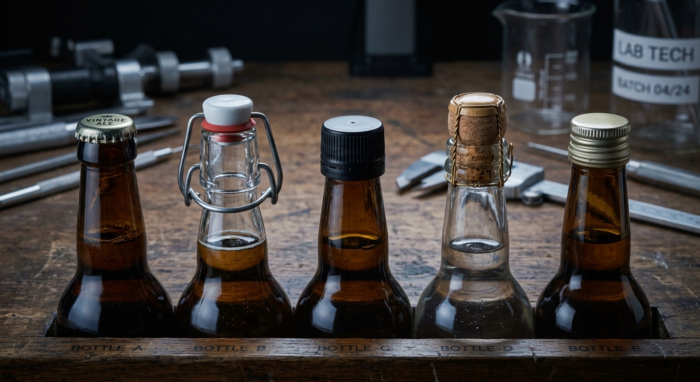 Automated glass bottle production line with amber and clear bottles on conveyor