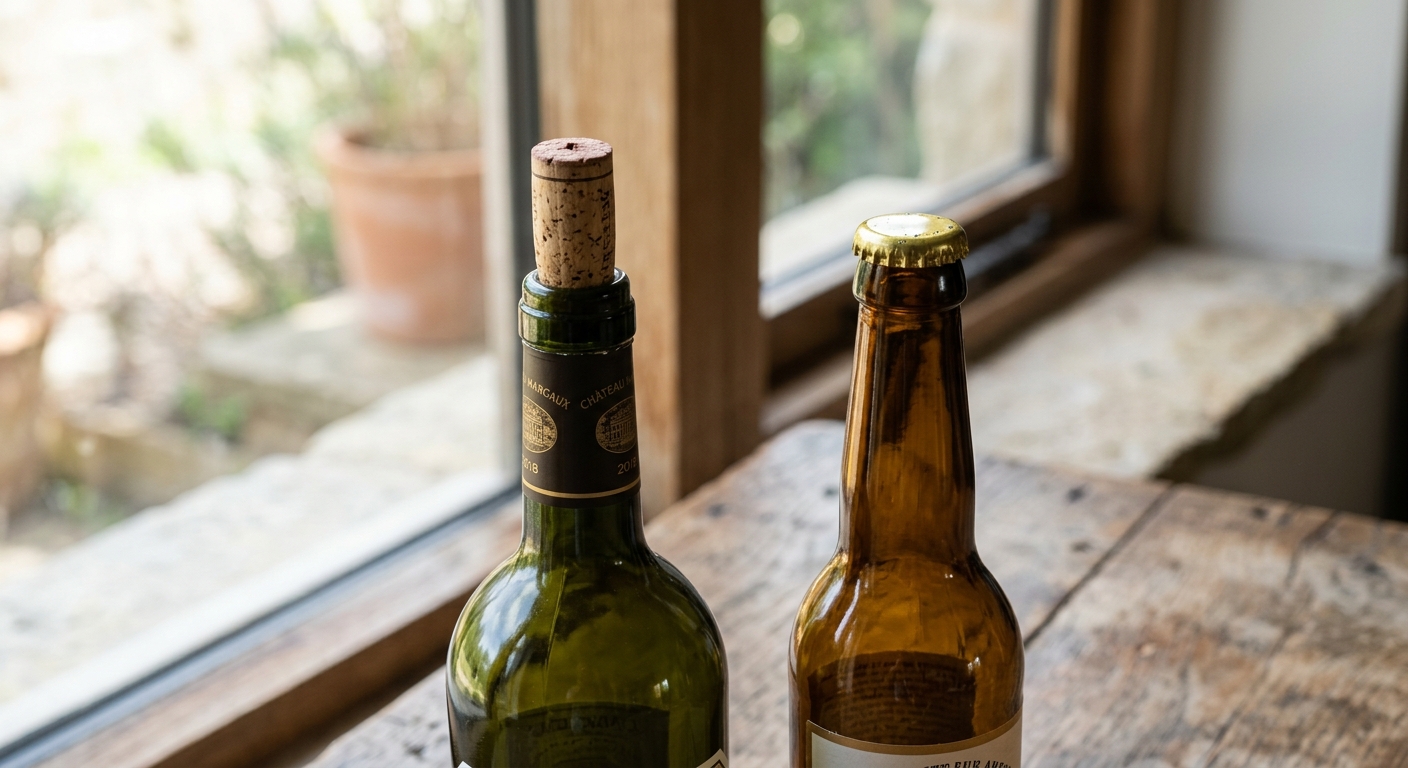 Wine bottle cork finish next to beer bottle crown finish