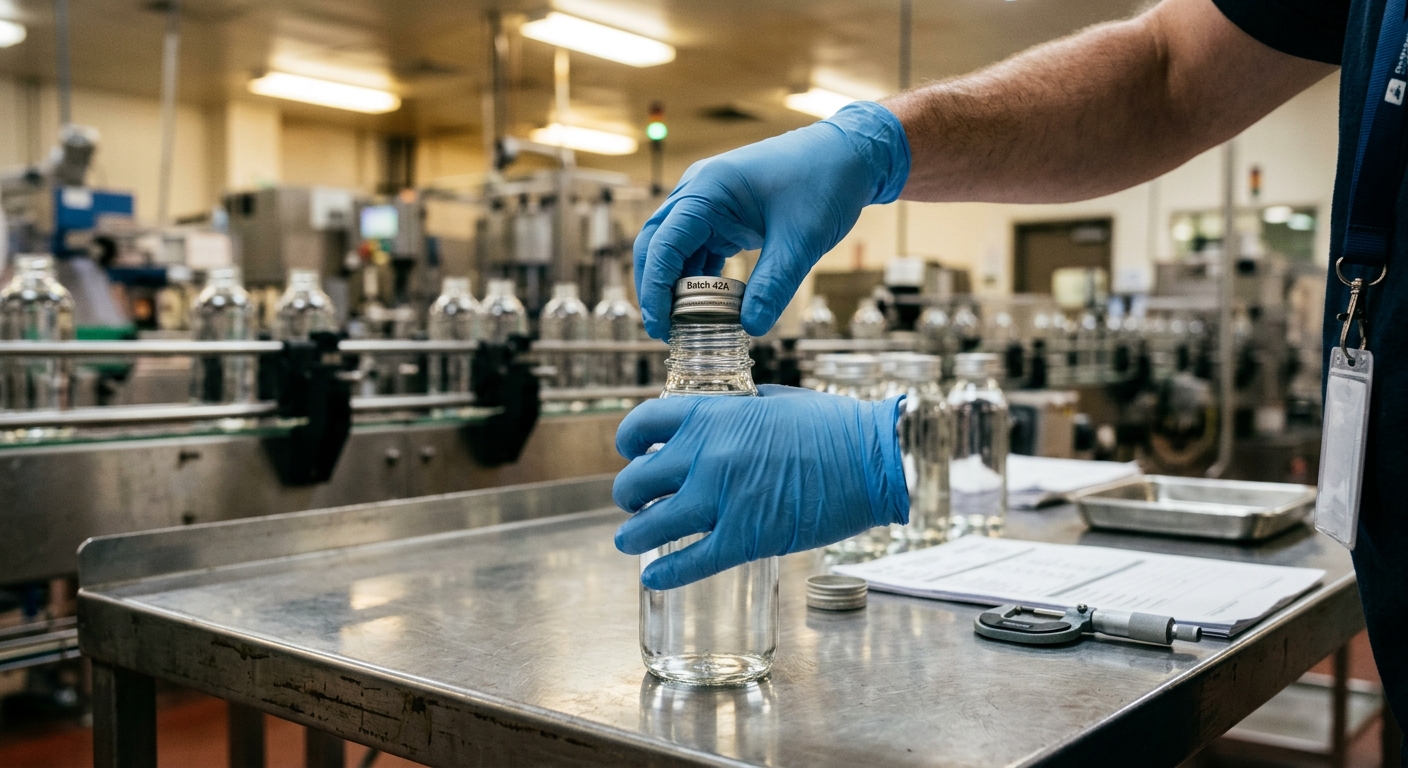 Quality control test fitting a cap on a glass bottle neck