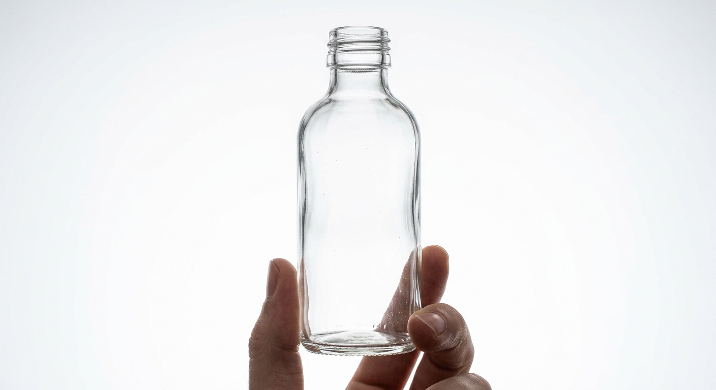 Empty glass bottle backlit to reveal internal glass structure and clarity