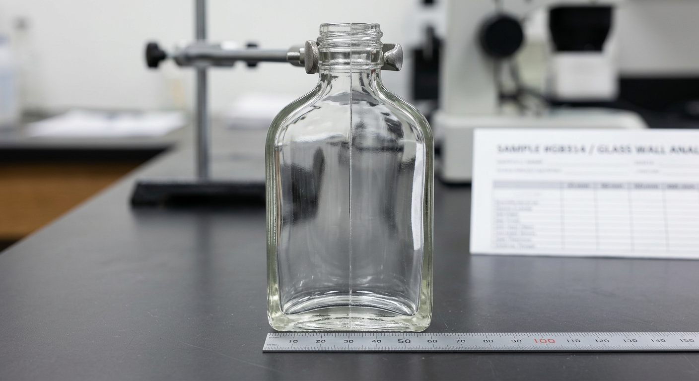 Cross-section of glass bottle showing wall thickness for quality inspection
