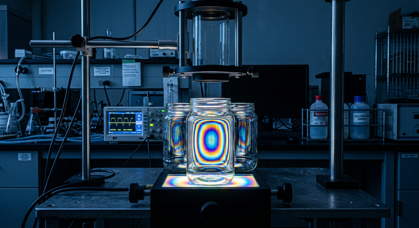Glass jars under polarized light testing to detect internal stress cracks