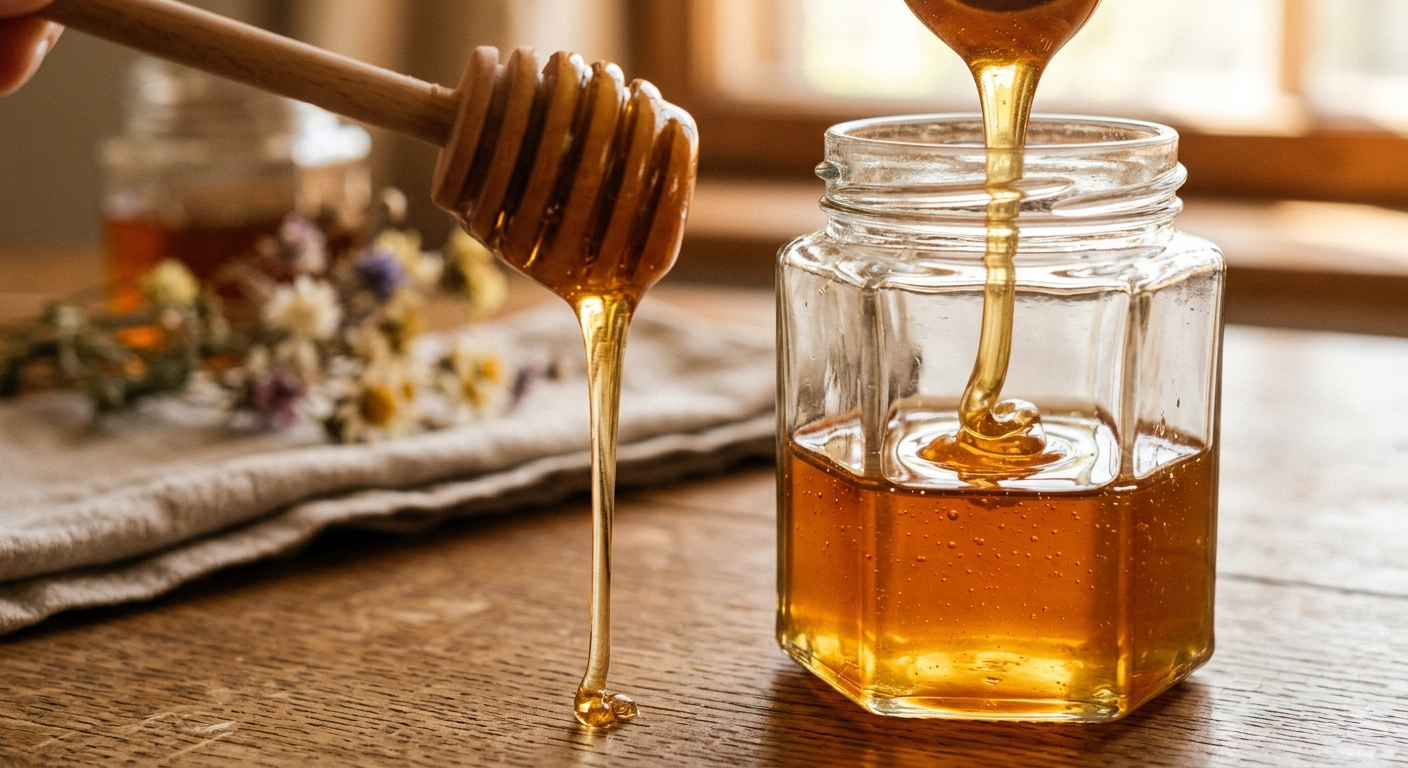 Golden honey pouring into a clear glass hex jar