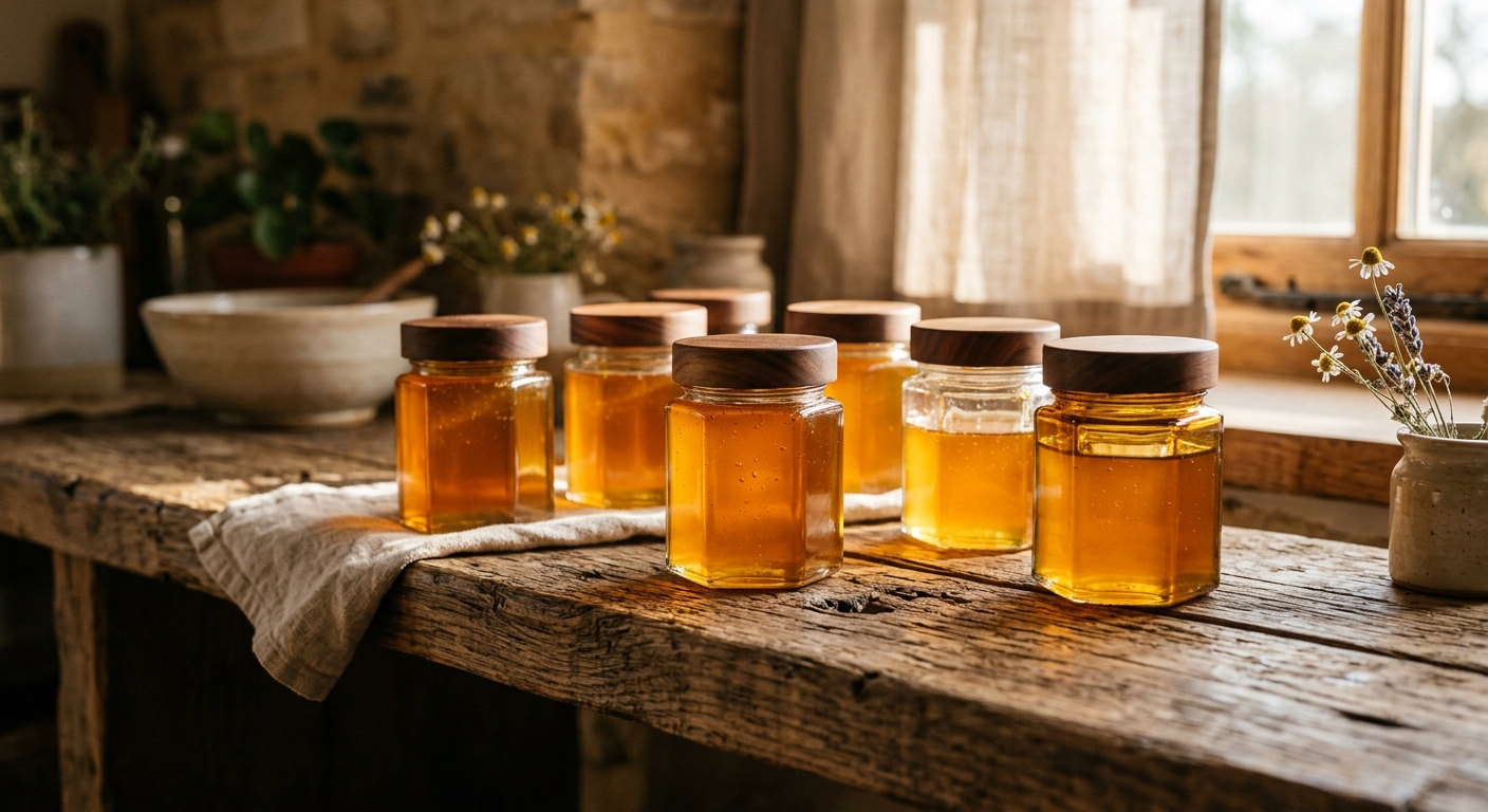 Amber glass hexagonal honey jars on a rustic wooden shelf