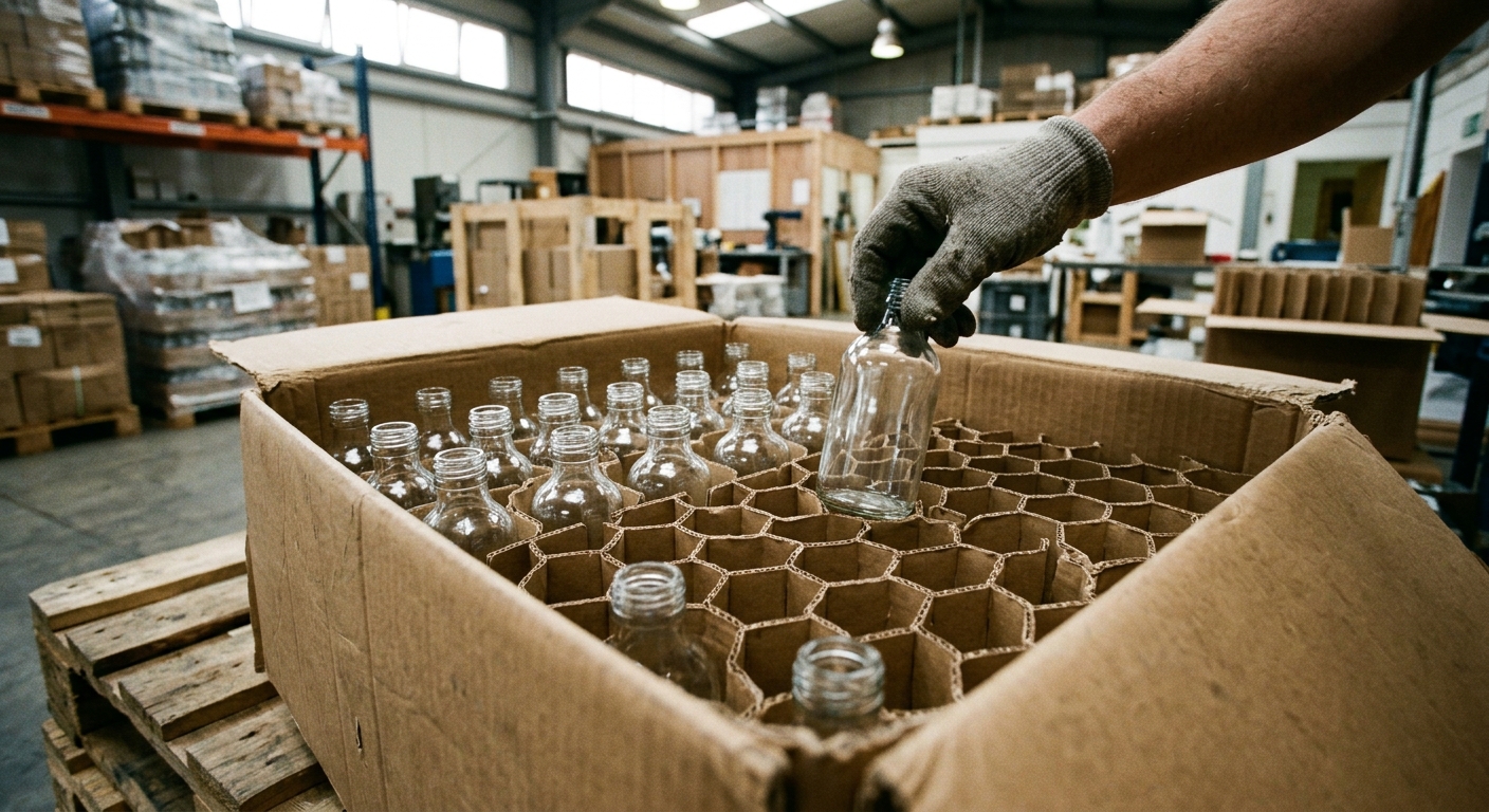 Glass bottles being placed into honeycomb cardboard dividers