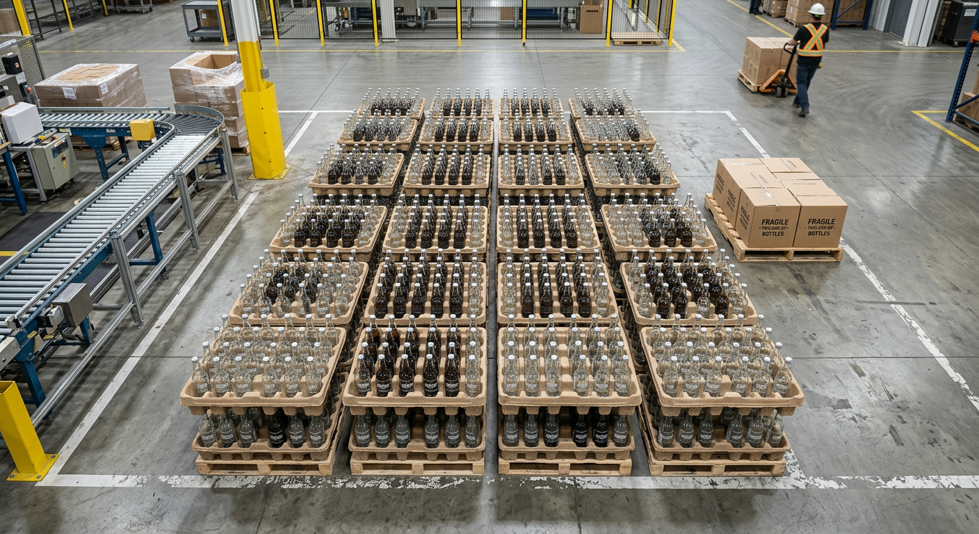 Molded pulp trays holding rows of glass bottles for export