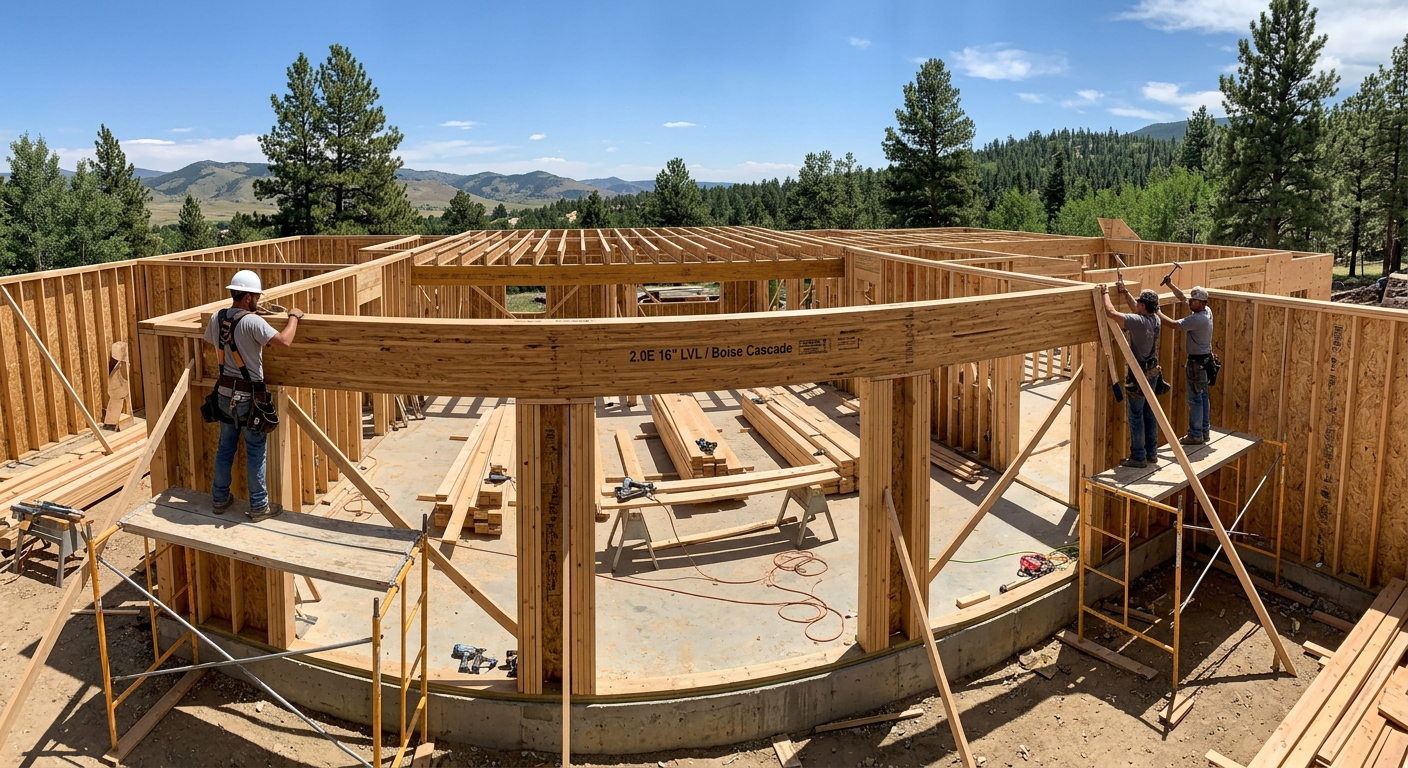 LVL beam installed as a long-span header in residential construction