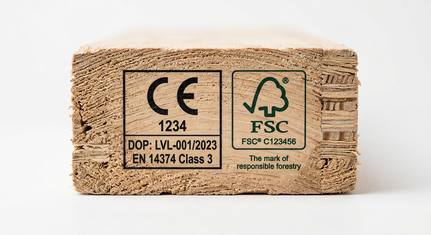 CE and FSC certification markings on the end of an LVL beam