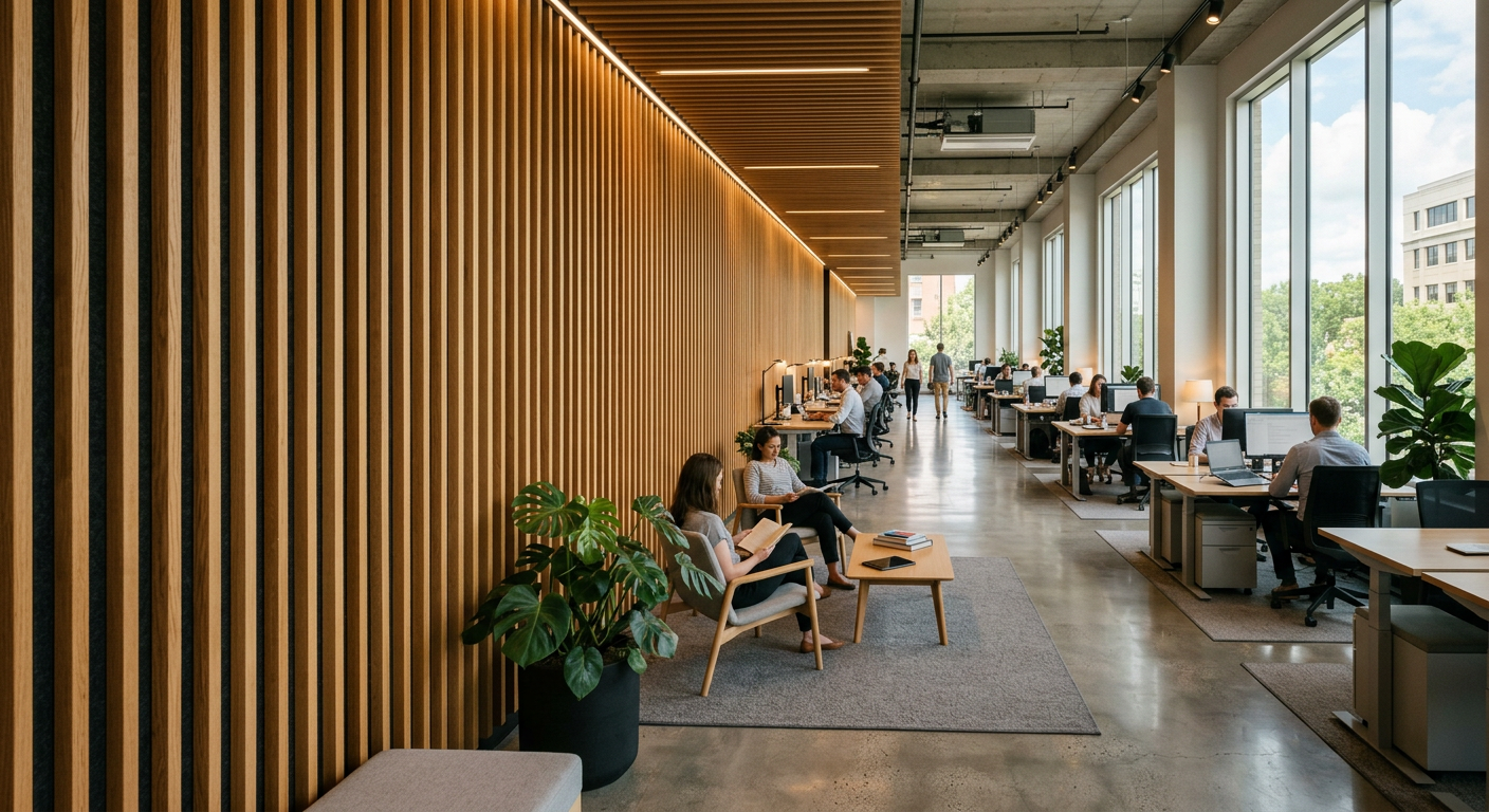 Open-plan office with acoustic wood slat panels reducing noise and reverberation