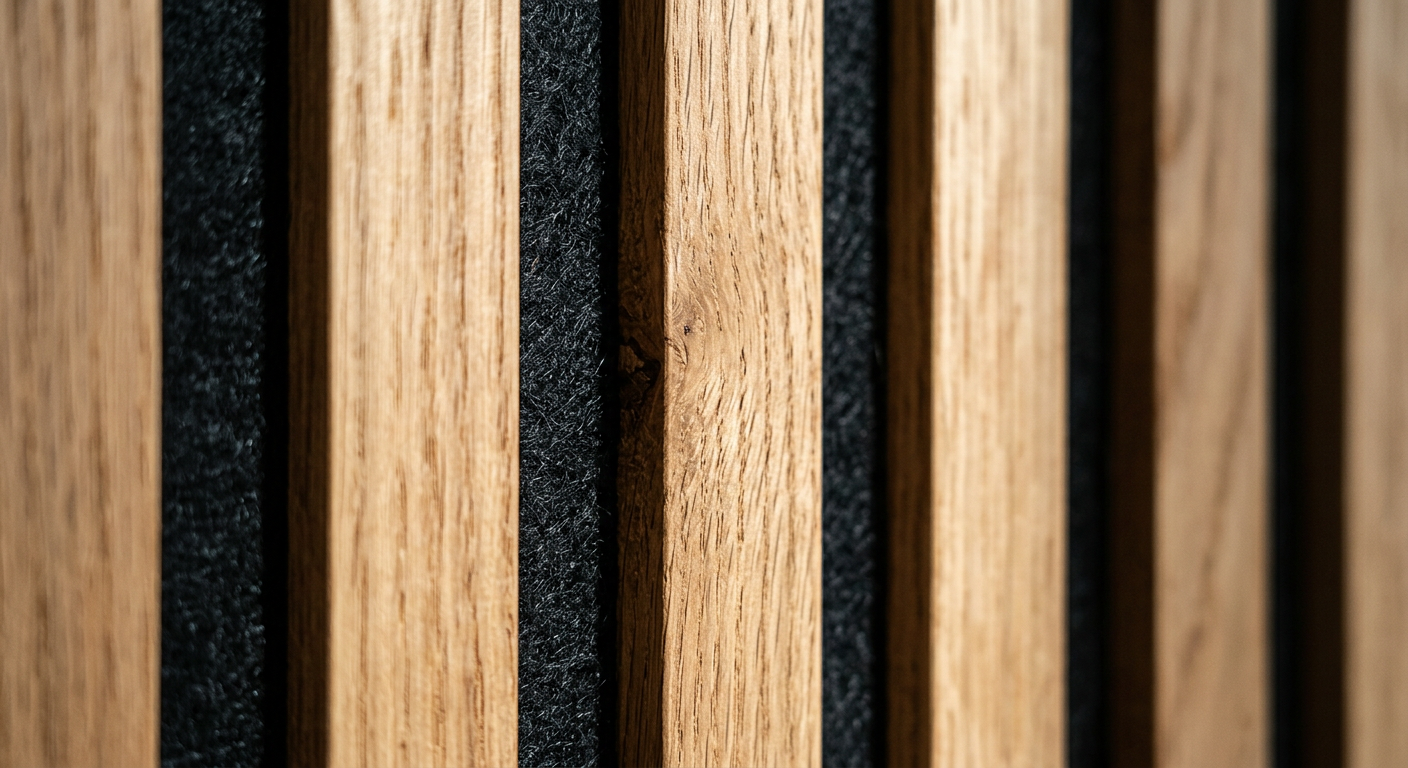 Close-up of wood slat acoustic panel with PET felt backing showing slat spacing detail