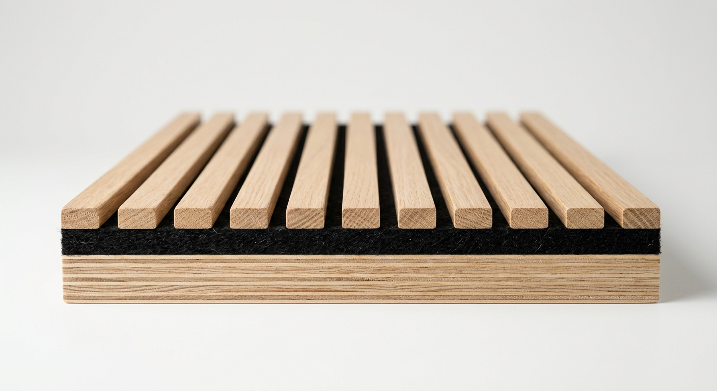 Cross-section view of acoustic panel showing plywood substrate, felt, and wood slats
