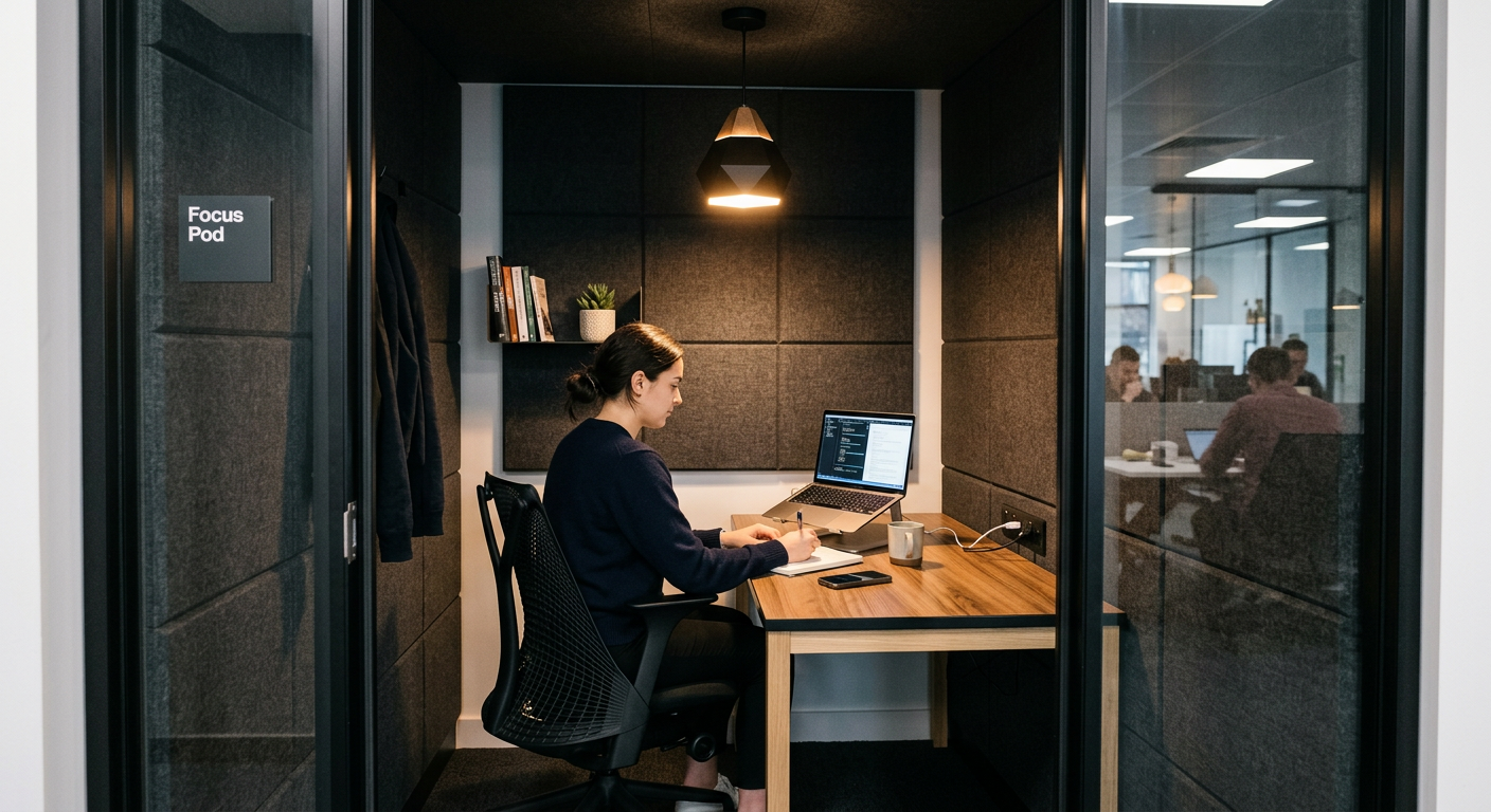 Compact office phone booth lined with dark fabric acoustic panels for private calls