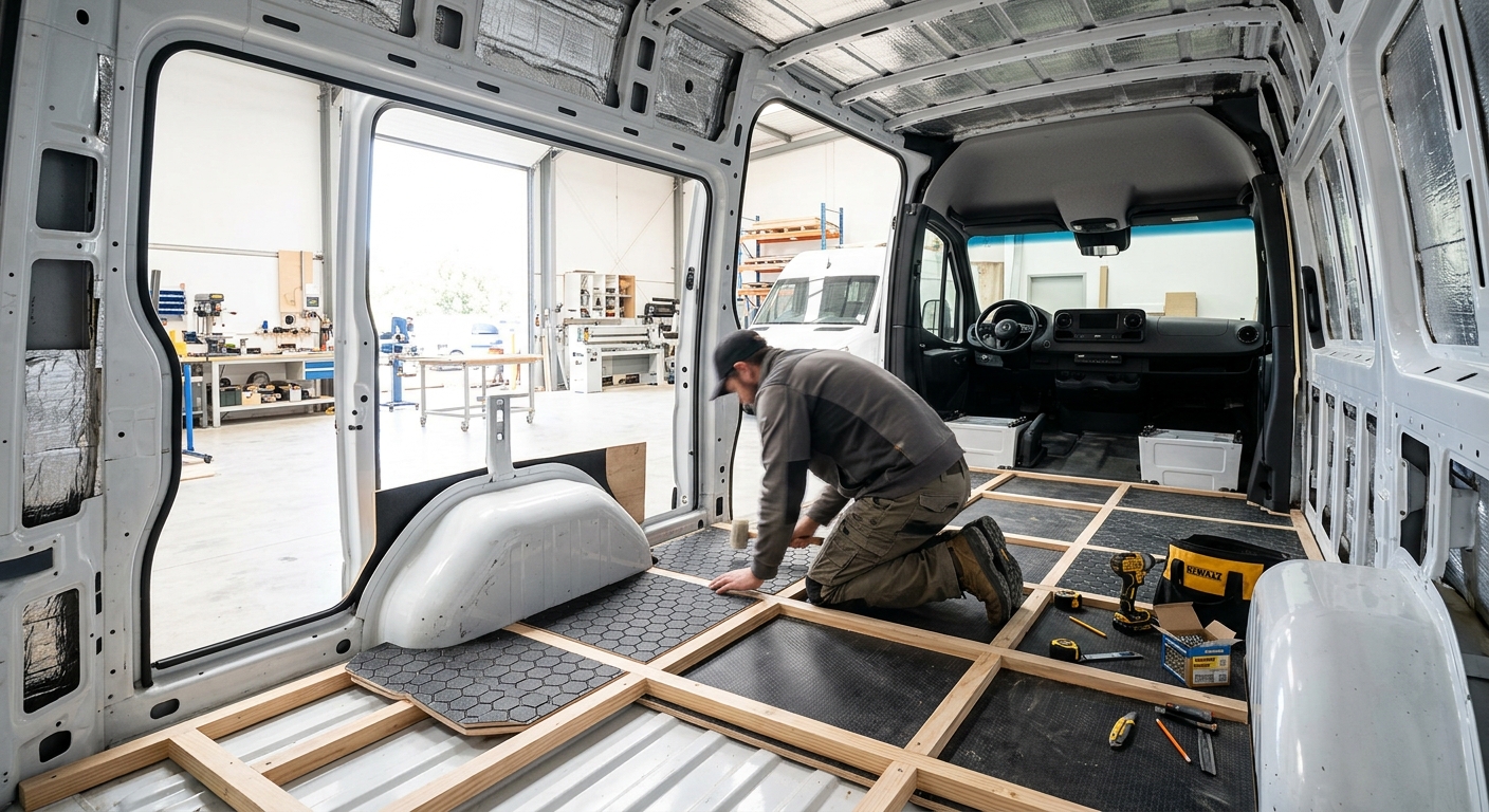 Anti-slip plywood panels being installed in a van conversion