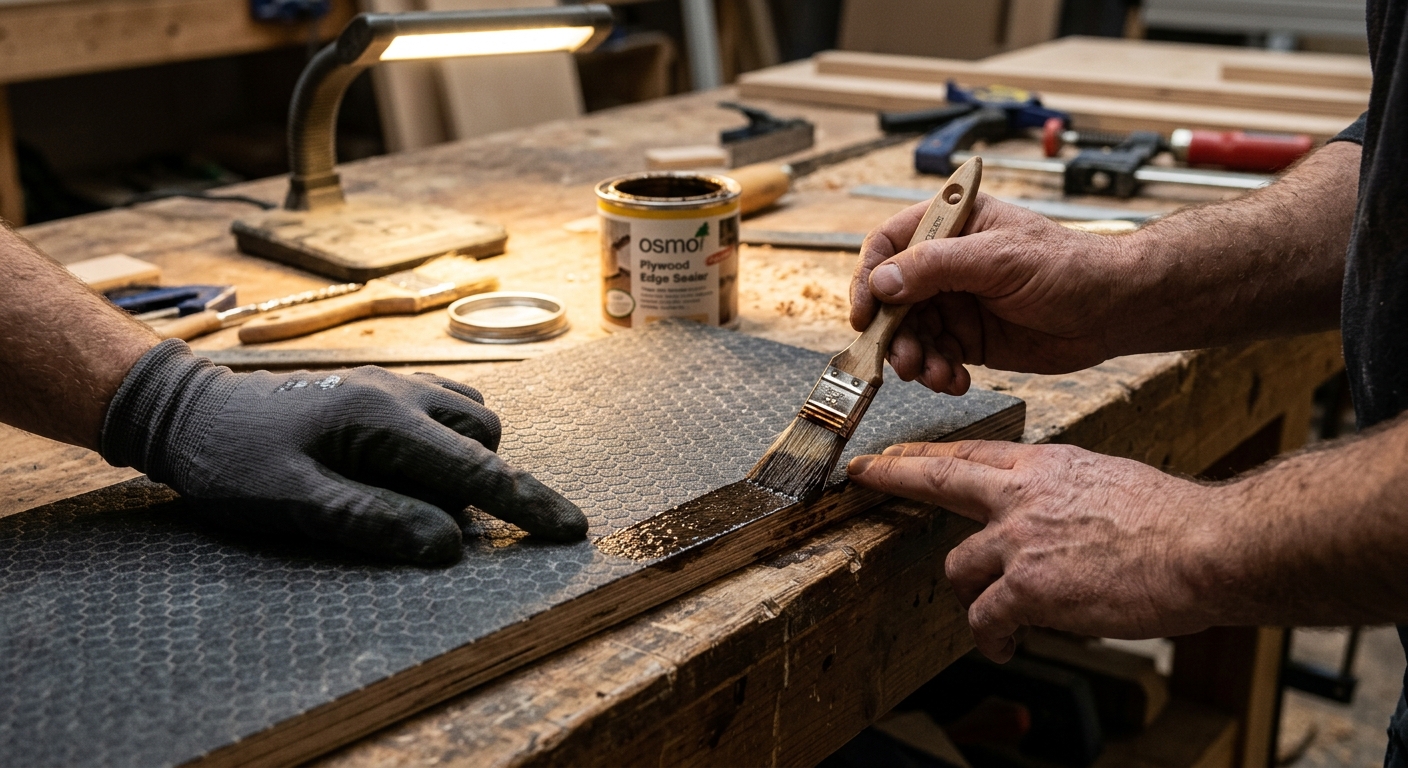 Applying edge sealer to anti-slip plywood for campervan flooring