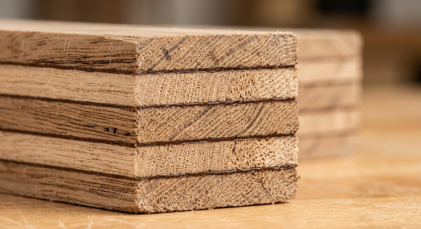 Cross-section macro view of plywood layers and adhesive bond lines