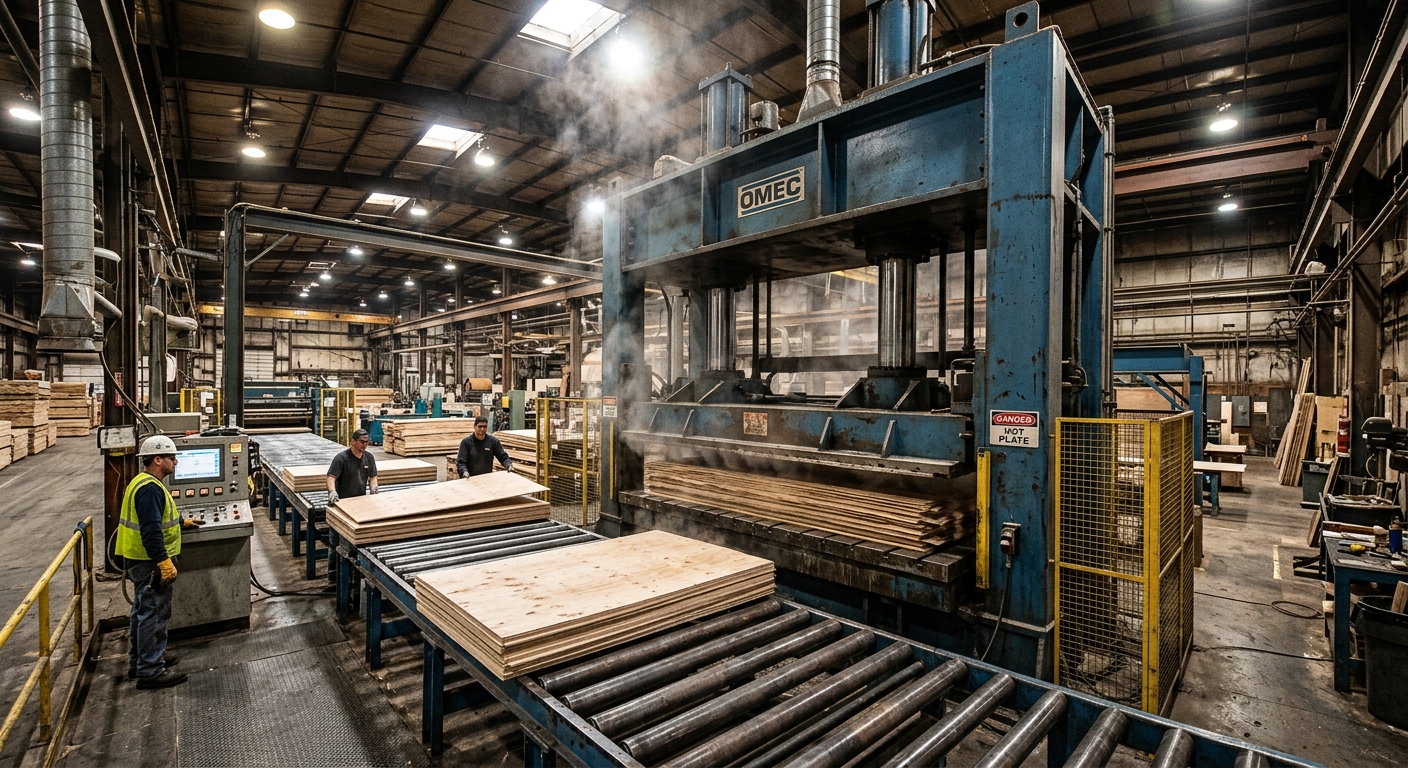 Industrial hot press bonding plywood veneers under heat and pressure