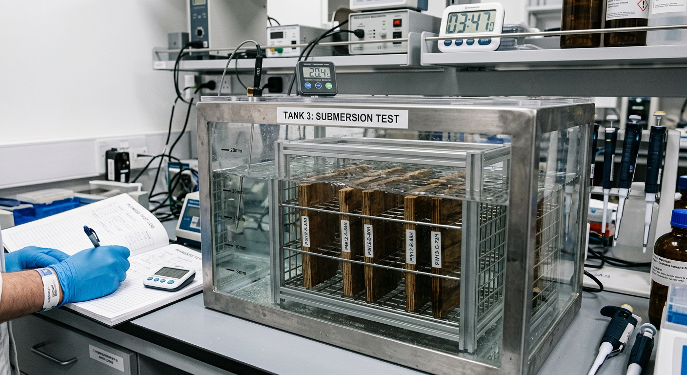 Laboratory boil test setup for evaluating plywood bond line strength