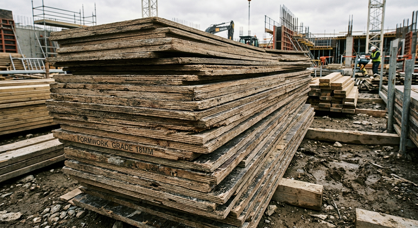 Stacked concrete formwork plywood panels on a construction site