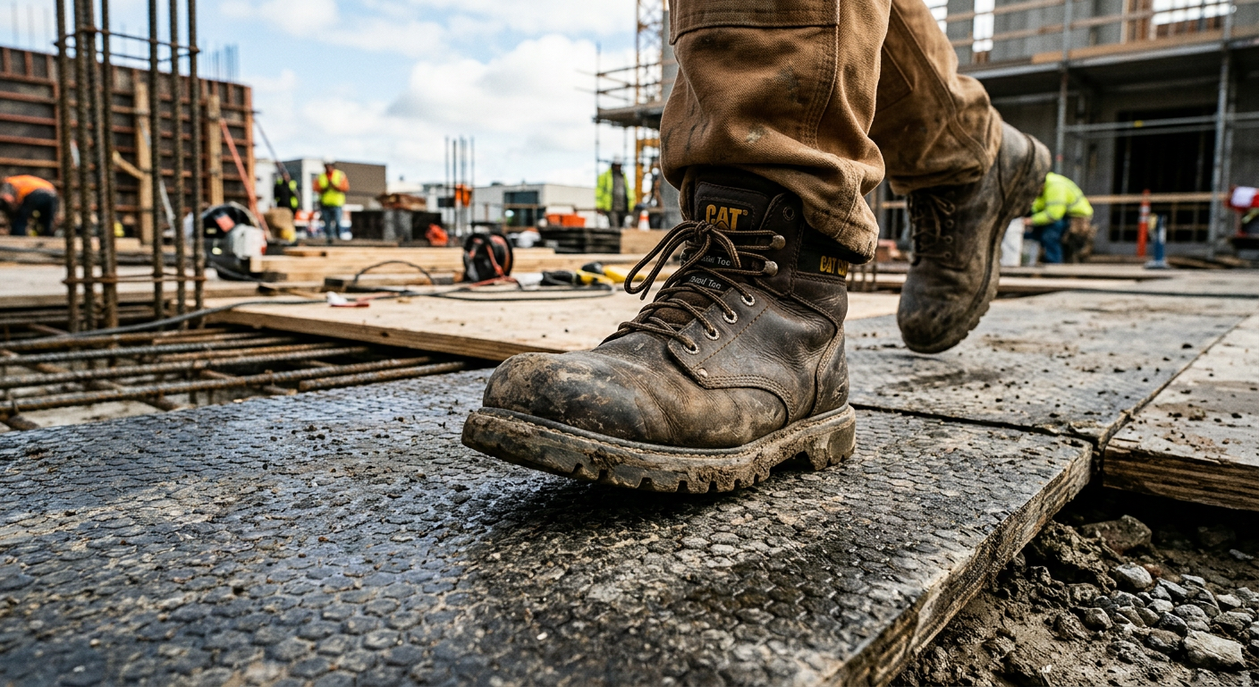 Worker's boot on textured antislip plywood surface at a construction site