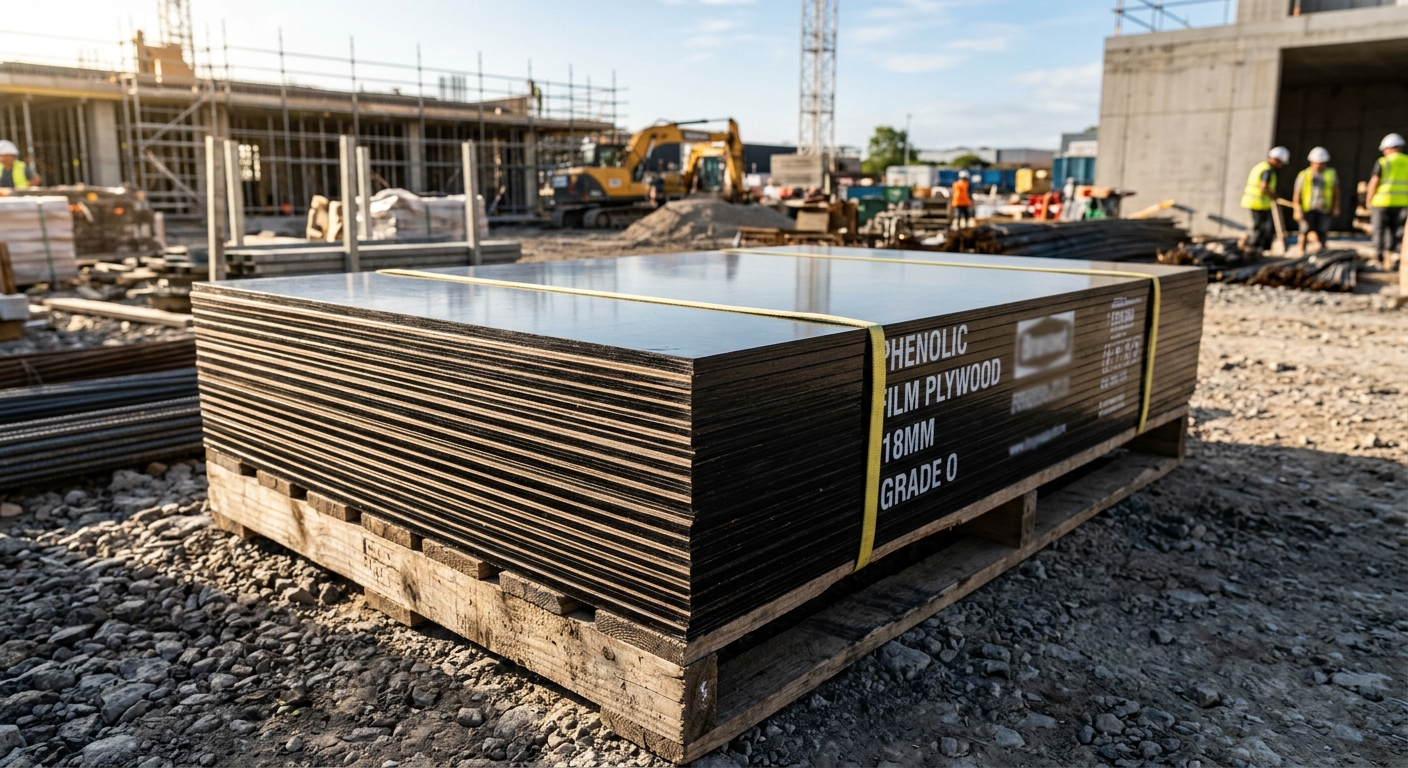 Stack of glossy film-faced plywood sheets on a construction site pallet