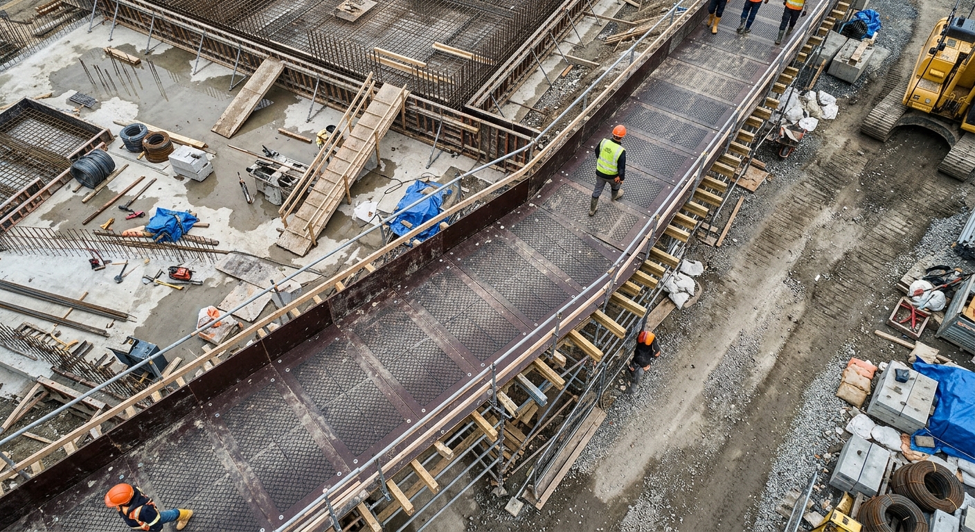 Overhead view of antislip plywood walkway on a concrete jobsite