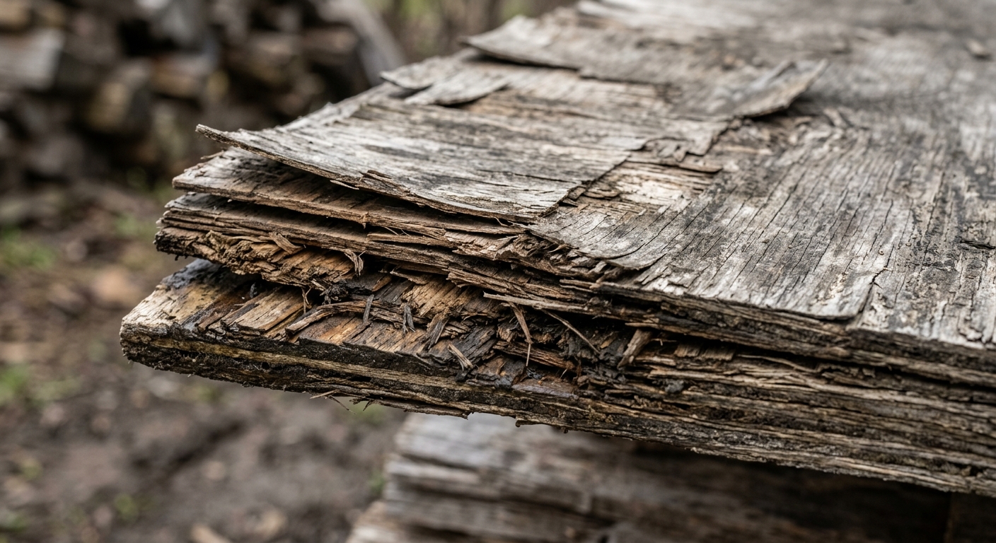 Close-up of delaminated plywood edge showing water damage