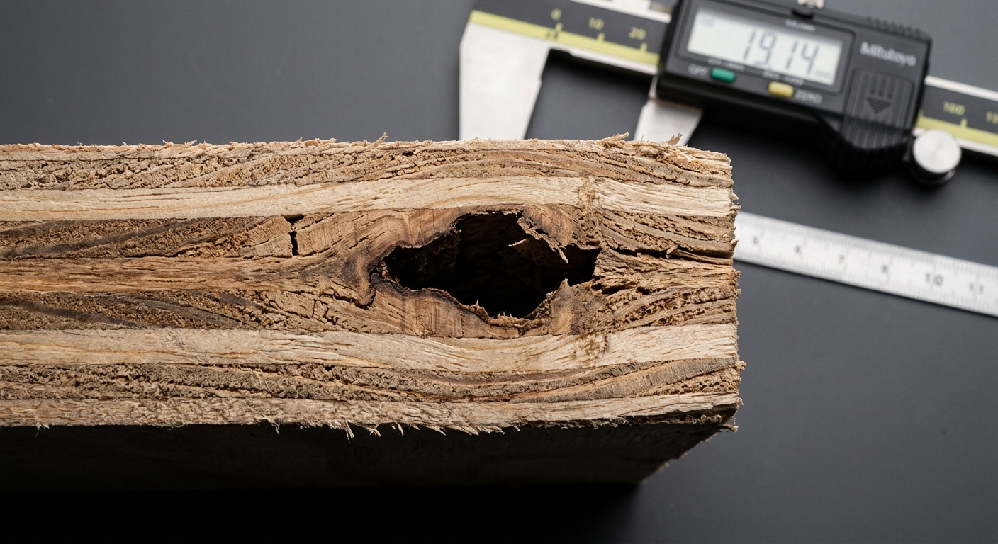 Macro cross-section of plywood showing an internal core void