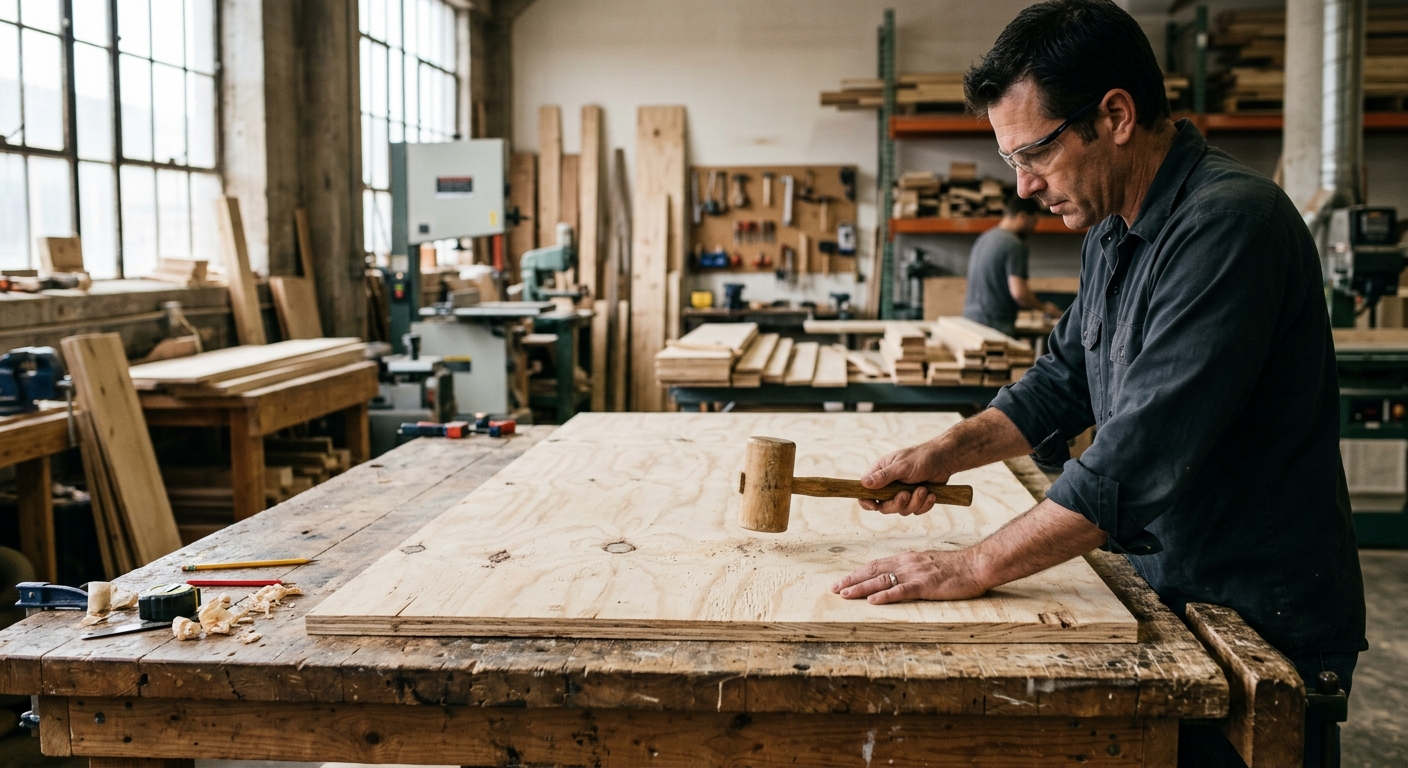 Hand tap-testing plywood panel with a mallet for hollow sound