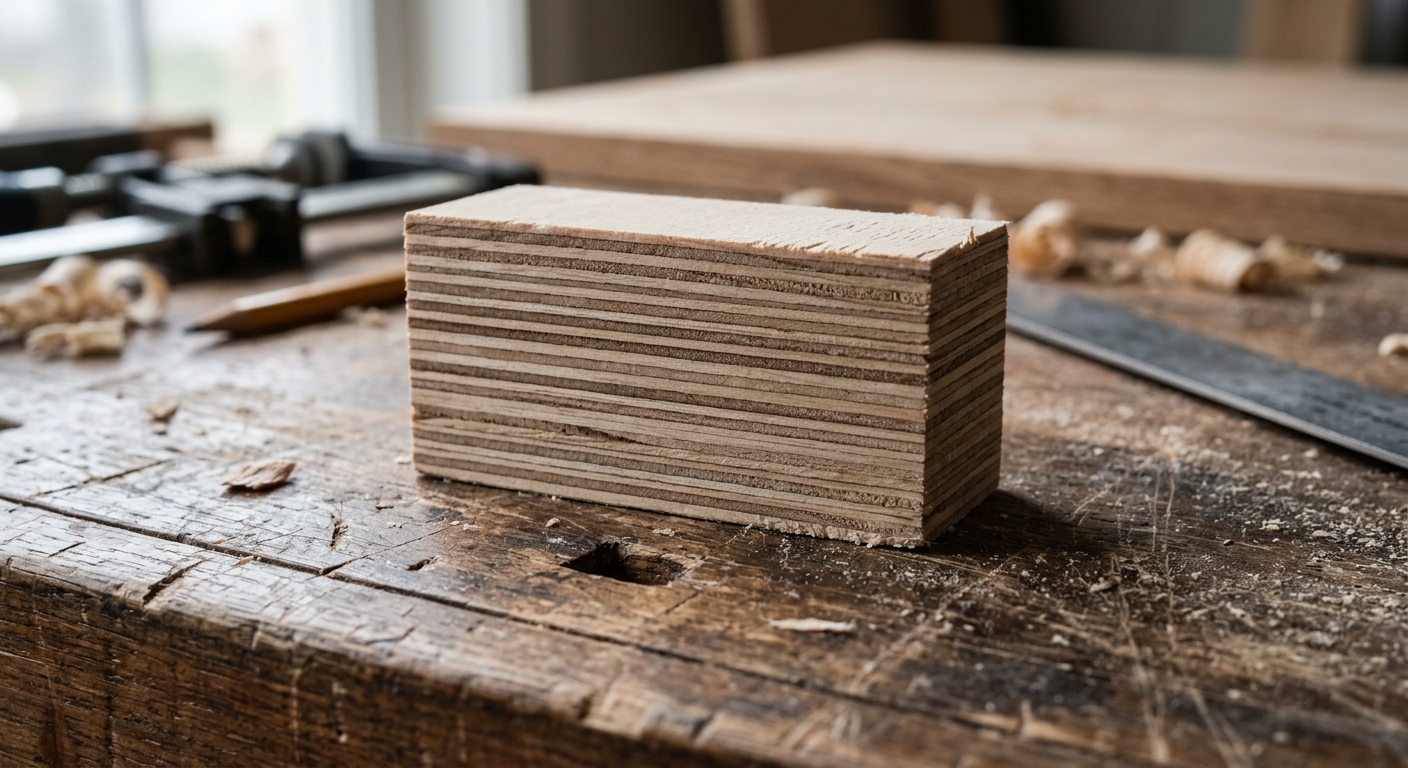 Cross-cut plywood sample revealing ply layers and glue line quality