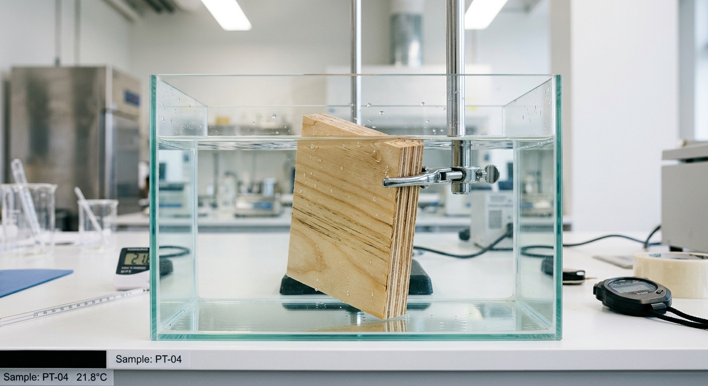 Plywood sample submerged in water tank for bond integrity testing