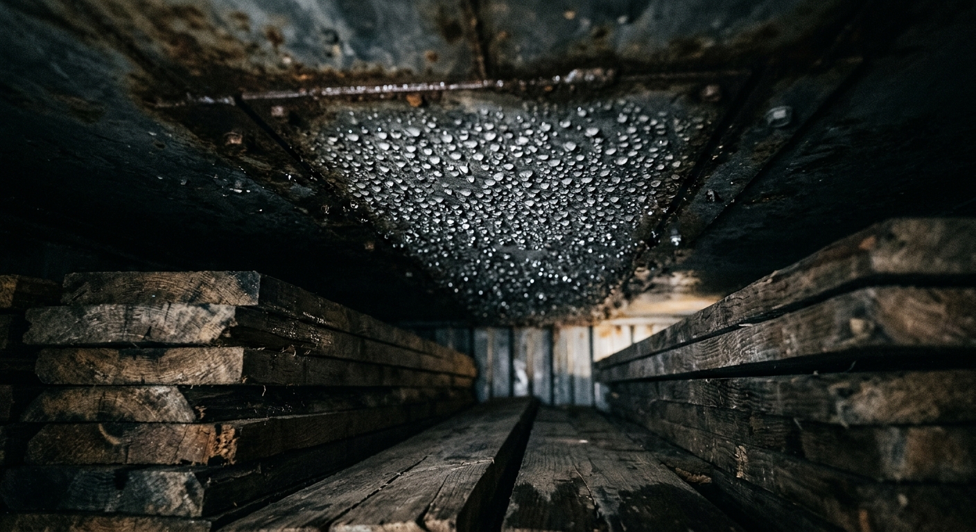 Condensation forming on the interior steel roof of a shipping container above wood panels