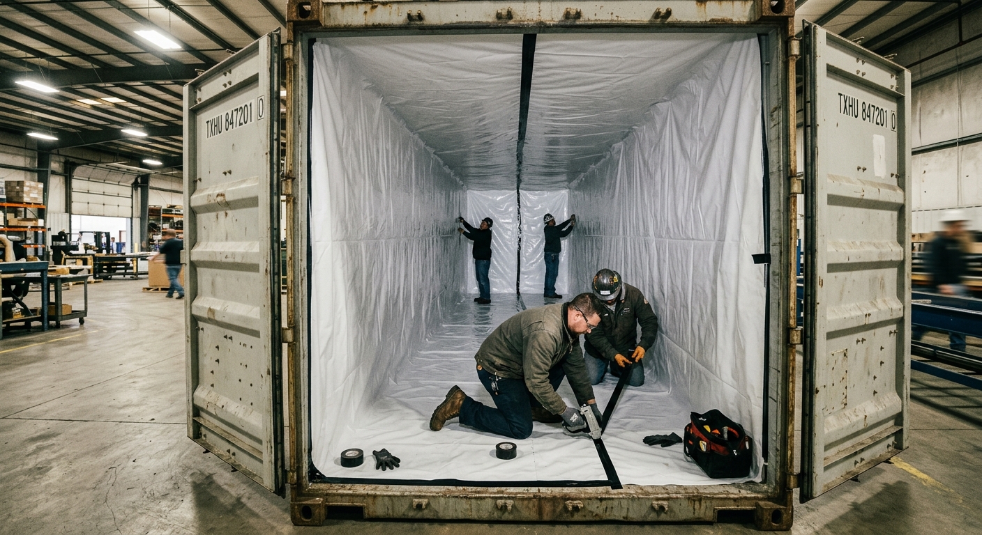 Worker installing a polyethylene moisture liner inside a shipping container before loading plywood