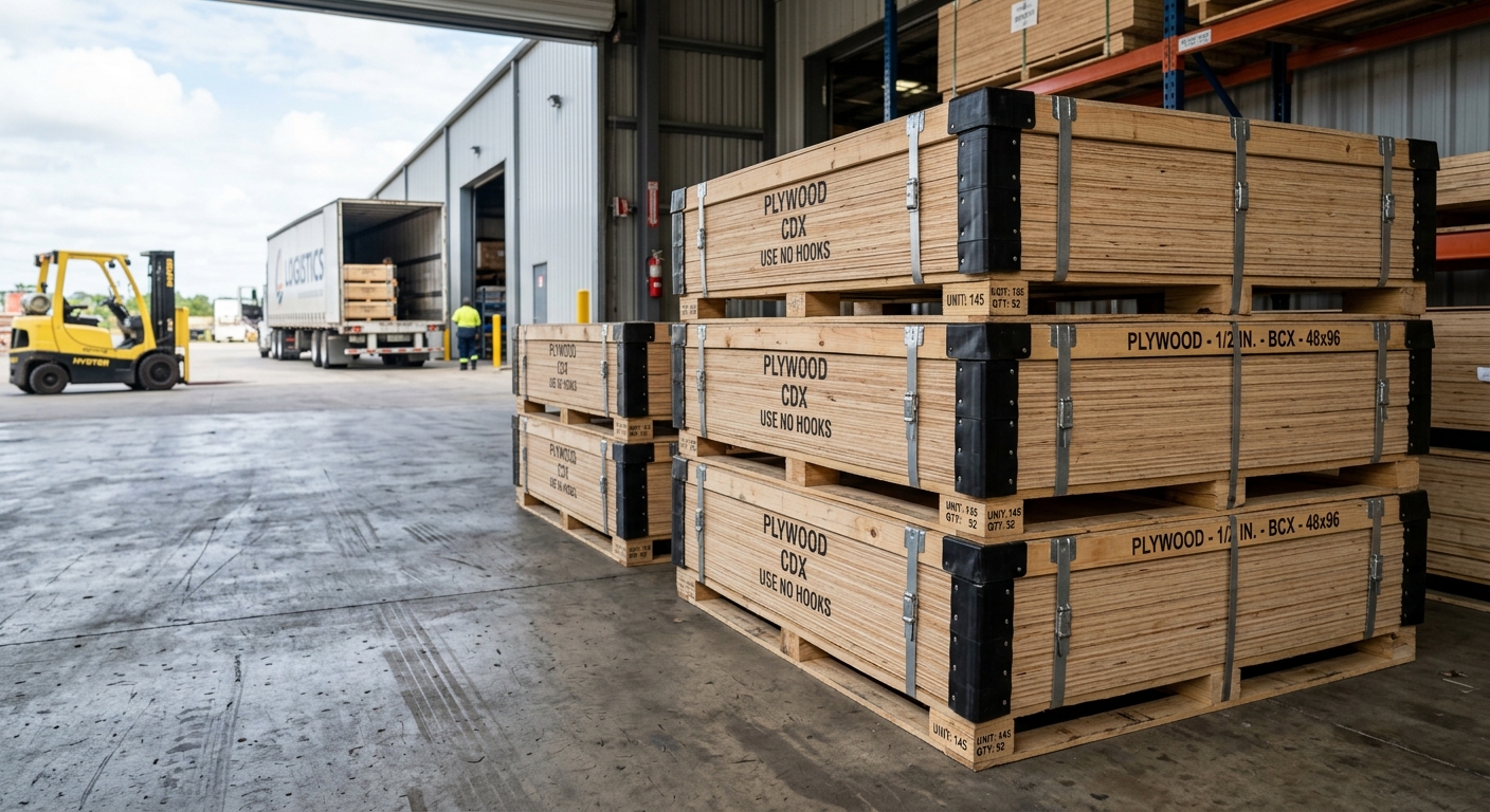 Palletized plywood sheets with corner protectors and strapping ready for container loading