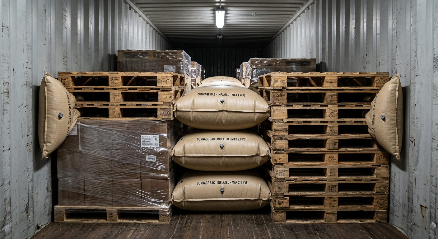 Dunnage airbags braced between pallets inside a plywood shipping container