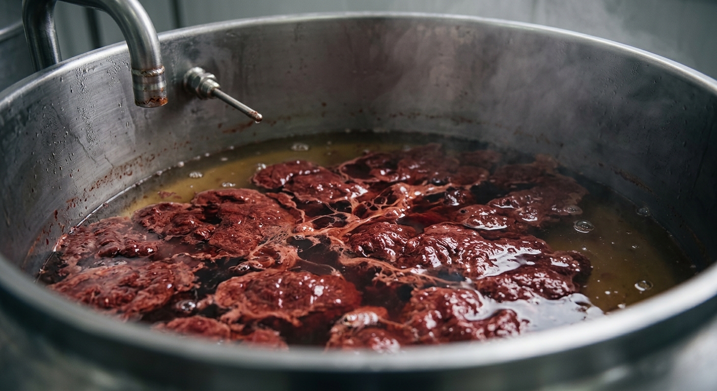 Coagulated blood proteins separating from clear serum during processing