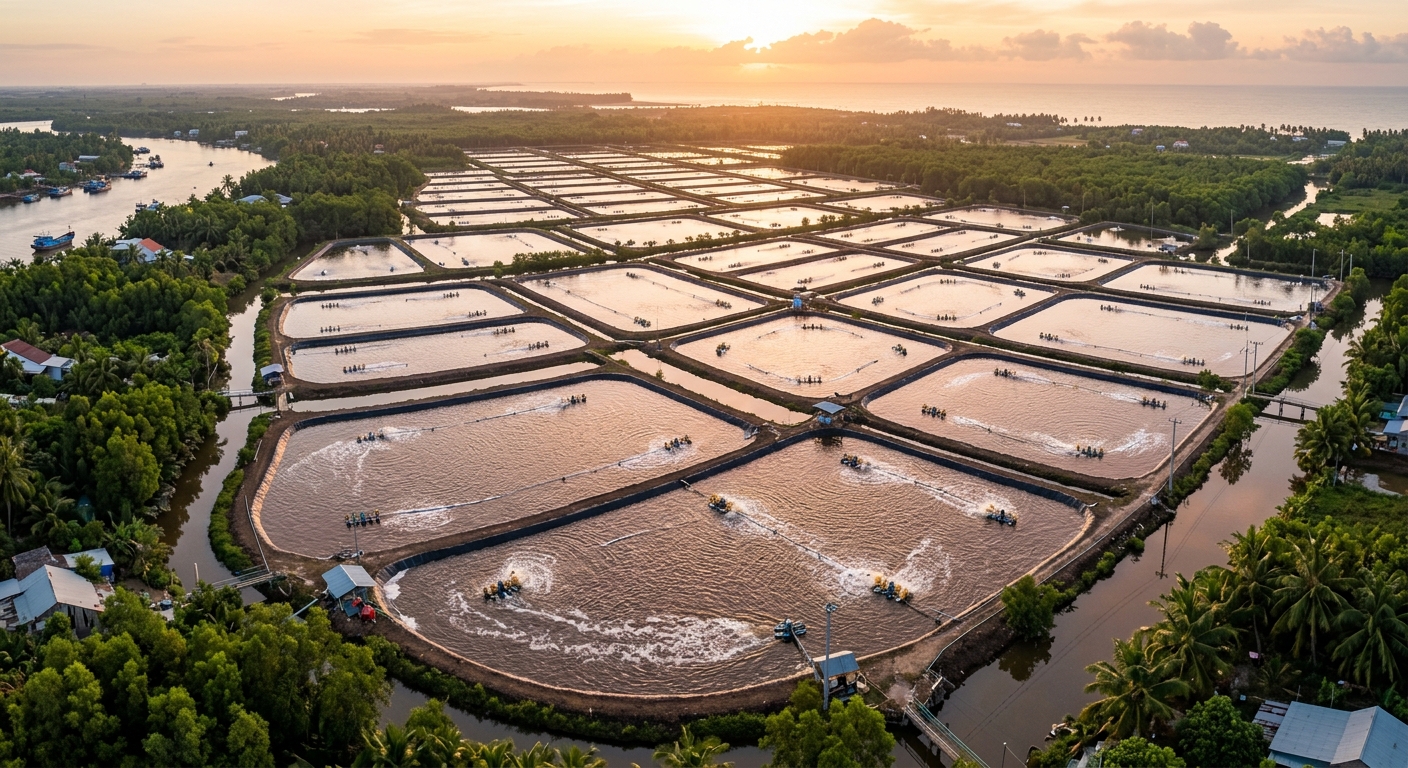 Aerial view of Asian shrimp aquaculture ponds at dawn