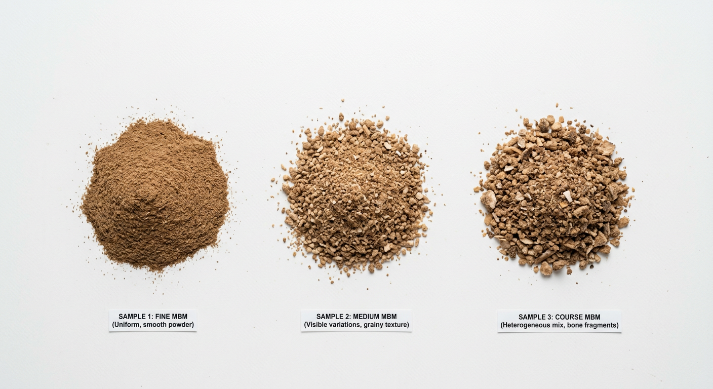 Comparison of rendered meal particle sizes showing uniformity differences