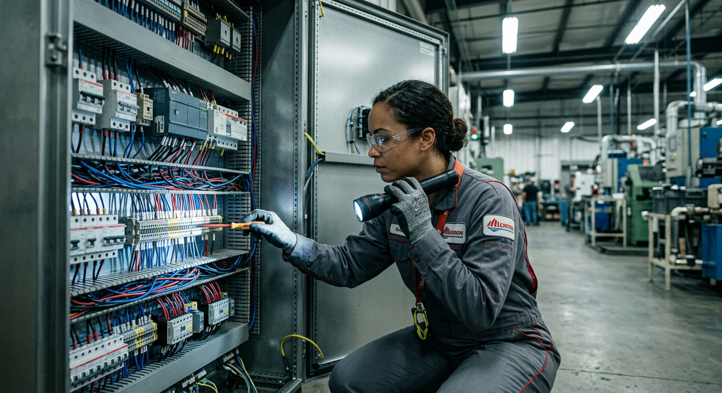 Technician inspecting electrical control cabinet during weekly maintenance check