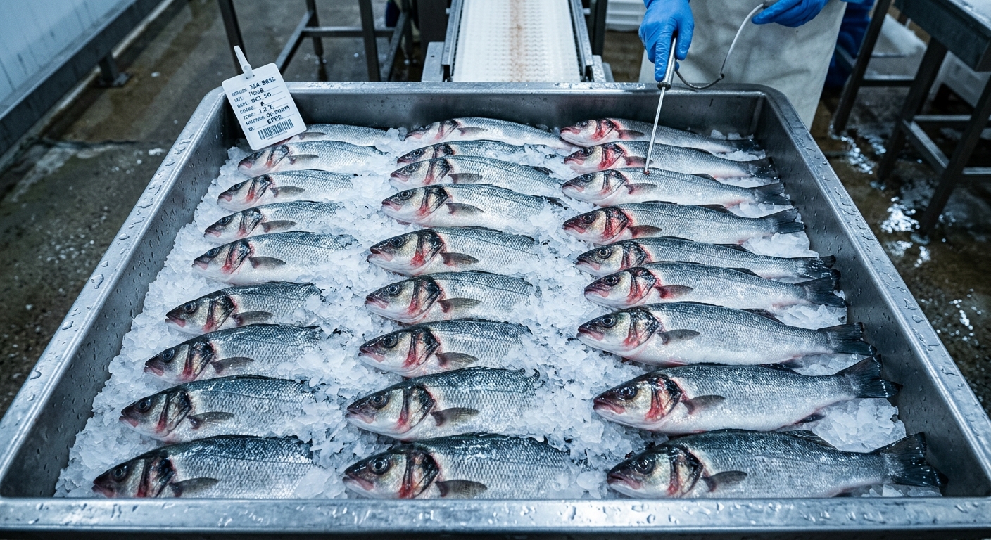 Fresh whole fish on ice at a processing plant receiving dock