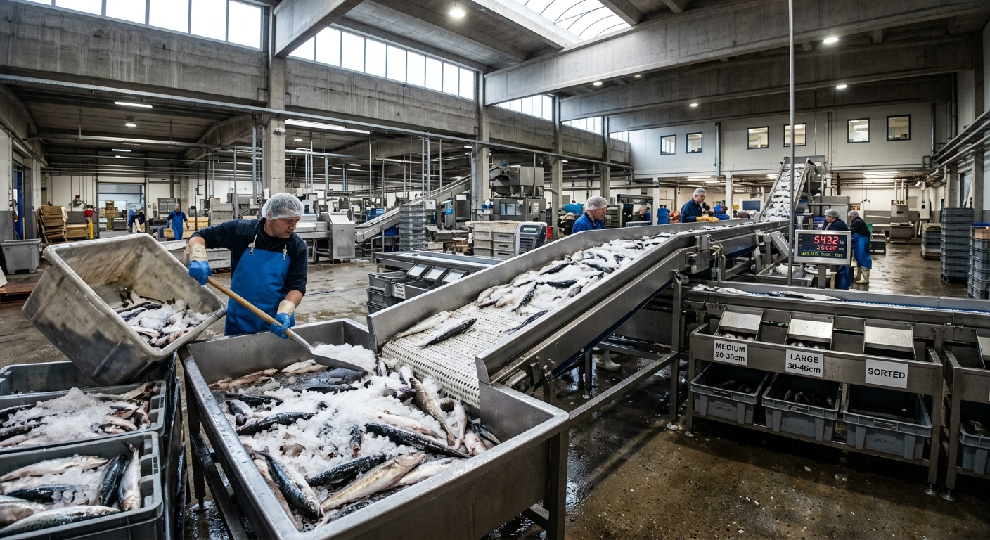 Industrial fish sorting and weighing line with ice visible on raw material