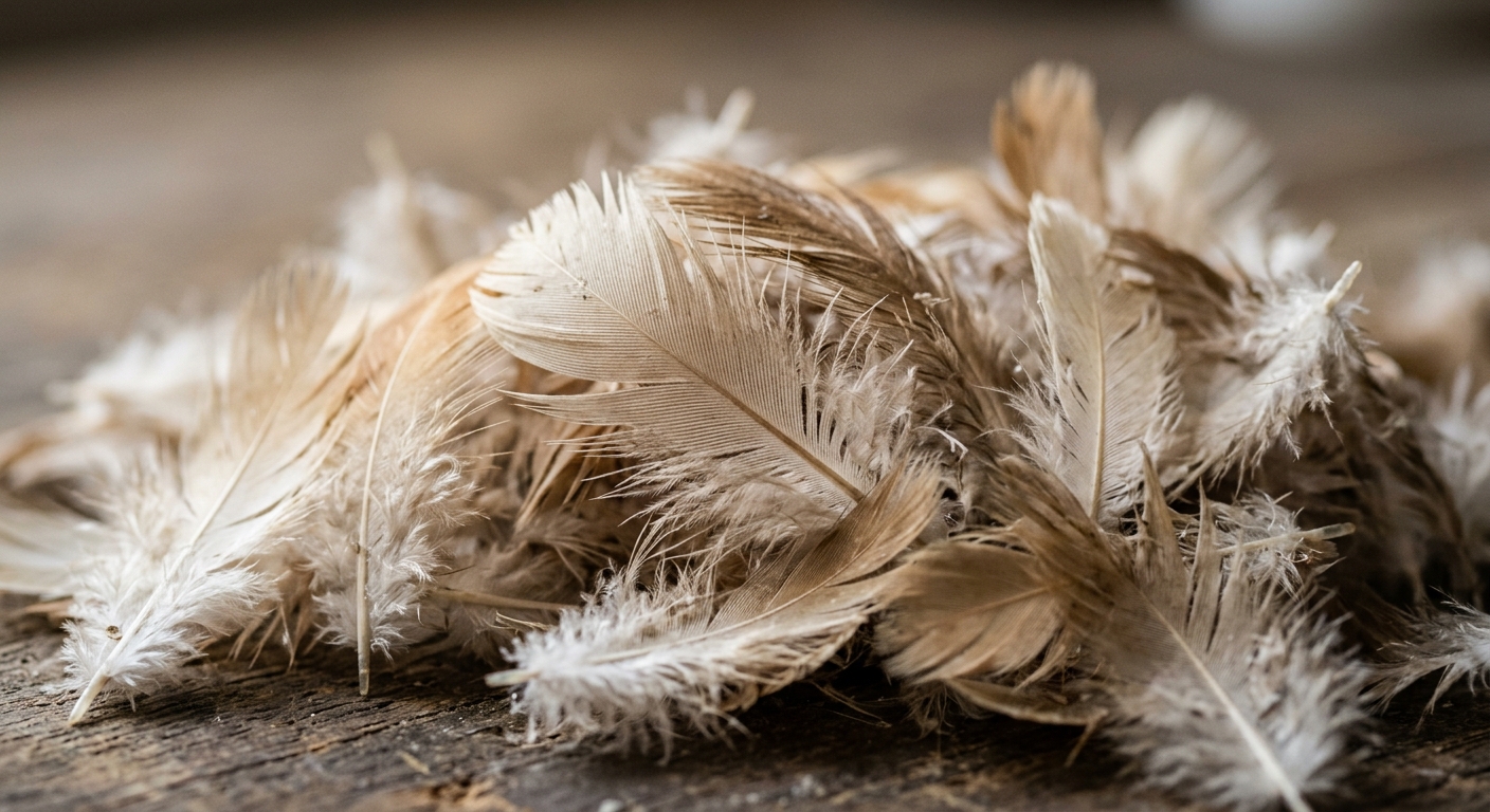 Raw poultry feathers before hydrolysis processing