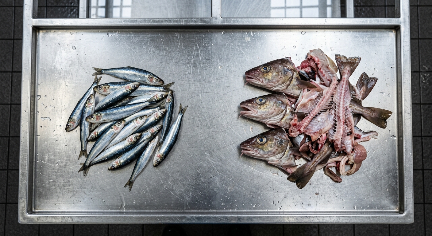 Raw whole fish next to fish processing by-products like heads and frames