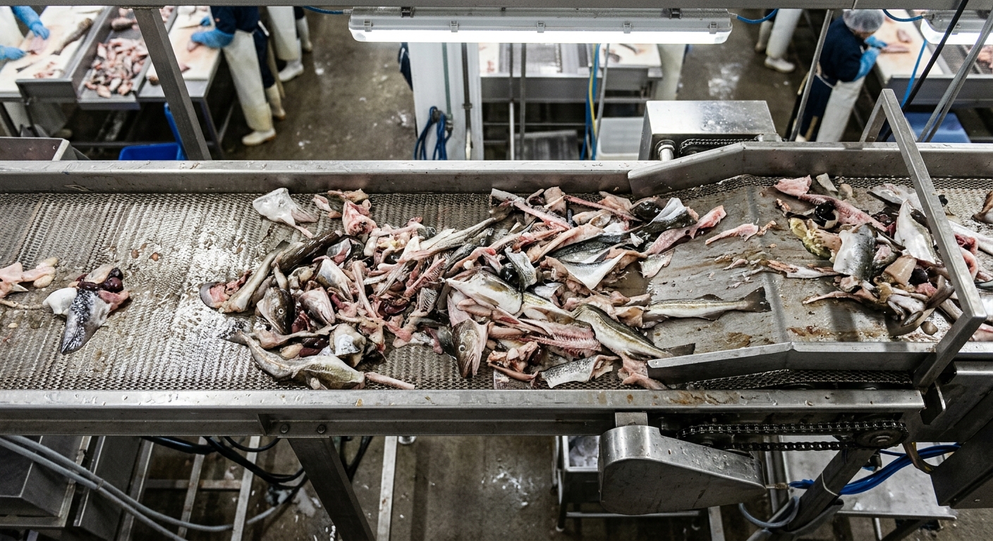 Raw fish processing waste with bones and trimmings on stainless steel conveyor belt
