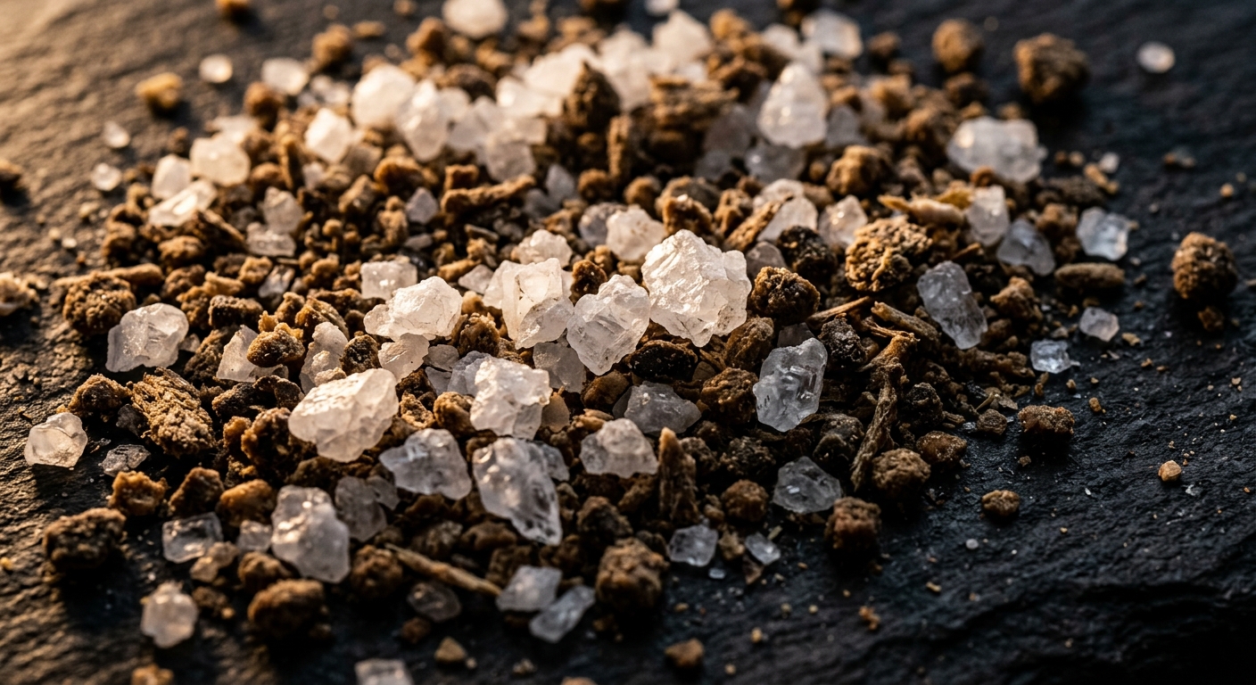 Sea salt crystals mixed with dried fish meal granules in close-up macro shot